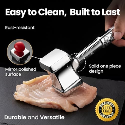 Gourmet Easy Kitchen Hammer - Premium Quality Stainless Steel Gourmet Pro Range Hammer | Meat Tenderizer Tool & More! Non-SLIP Grip with 5 years warranty (Gourmet Easy) - Image 4