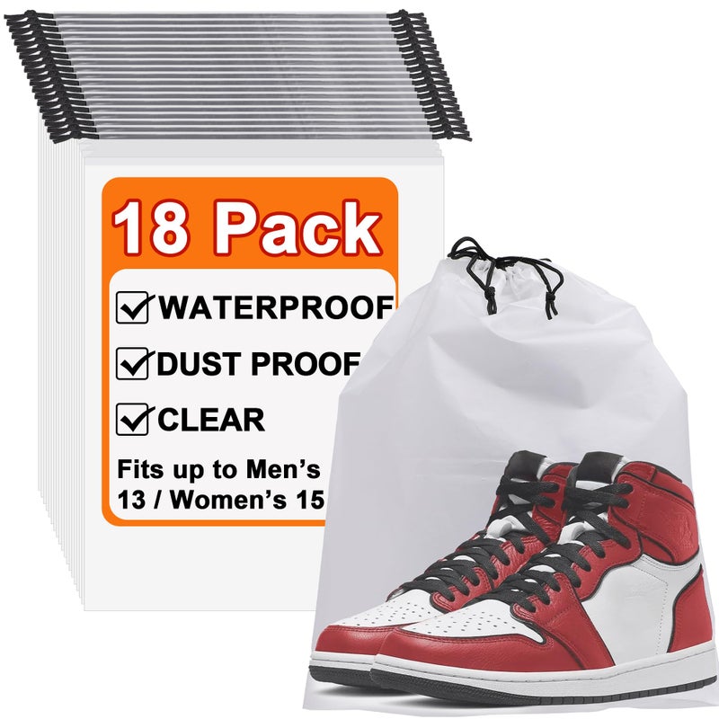 BOFOHO 18 Pack Clear Shoe Bags for Travel, 15.7"Ã—11.8" PEVA Drawstring, Waterproof, Fits up to Menâ€™s 12â€“13, Reusable Storage for Shoes, Clothes & Toiletries, Keep Luggage Tidy & Odor-Free - Image 1