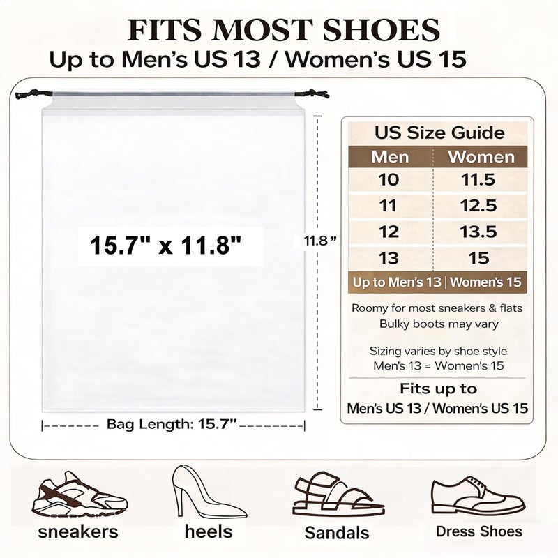 BOFOHO 18 Pack Clear Shoe Bags for Travel, 15.7"Ã—11.8" PEVA Drawstring, Waterproof, Fits up to Menâ€™s 12â€“13, Reusable Storage for Shoes, Clothes & Toiletries, Keep Luggage Tidy & Odor-Free - Image 2