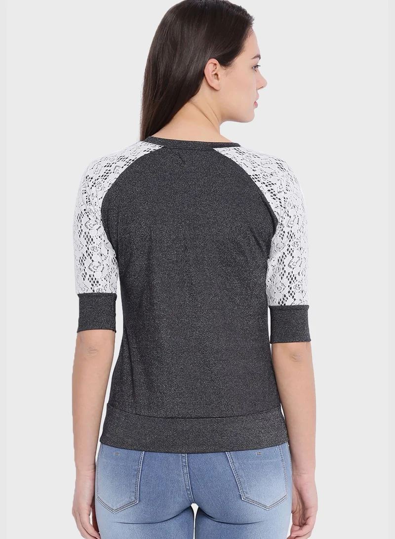 Campus Sutra Lace Sleeve Tshirt