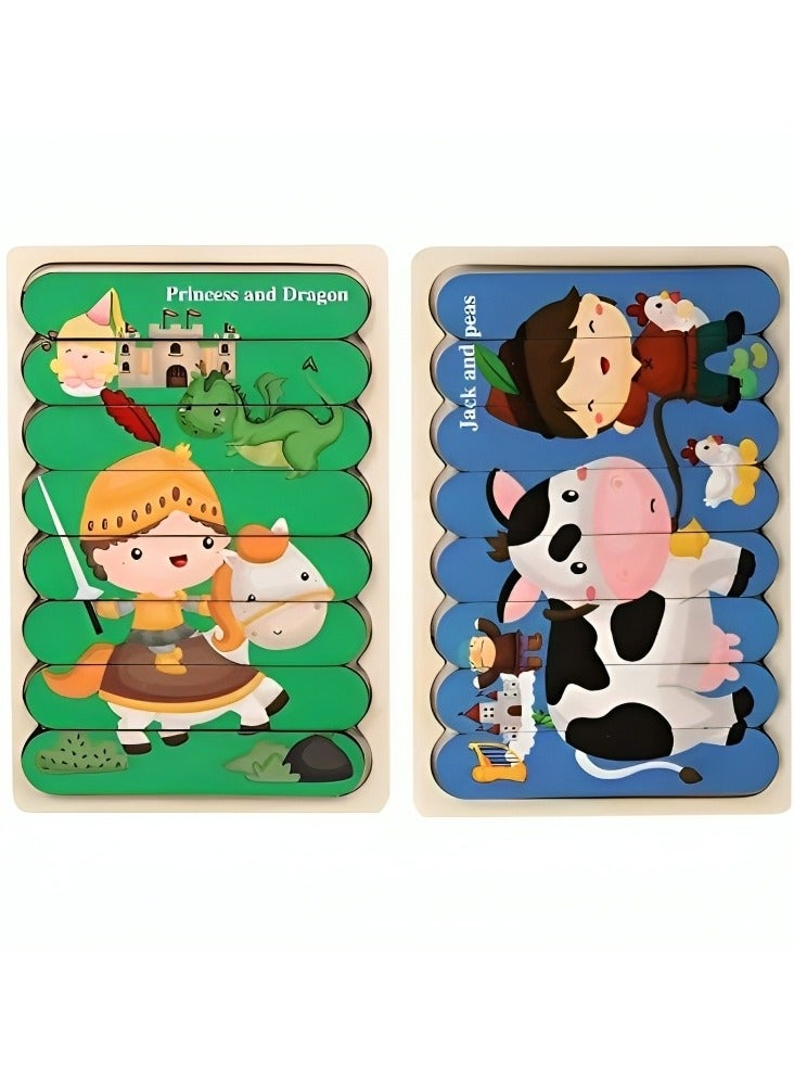 لغز خشبي ثلاثي الأبعاد بتصميم مزدوج للأطفال الصغار، أدوات دعم التعليم المبكر للآباء والمعلمين، لعبة مونتيسوري صممت لتنمية المهارات الحسية والحركية، هدية رائعة (نمط الأمير والتنين وجاك والبازلاء) - Image 1