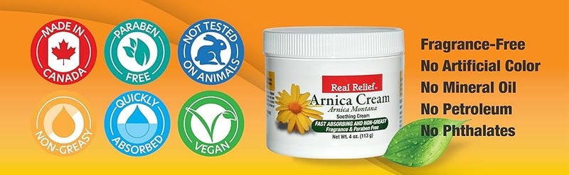 Real Relief Arnica Cream, Natural, Soothing, Non Greasy and Unscented, 4 oz (Pack of 1) - Image 2