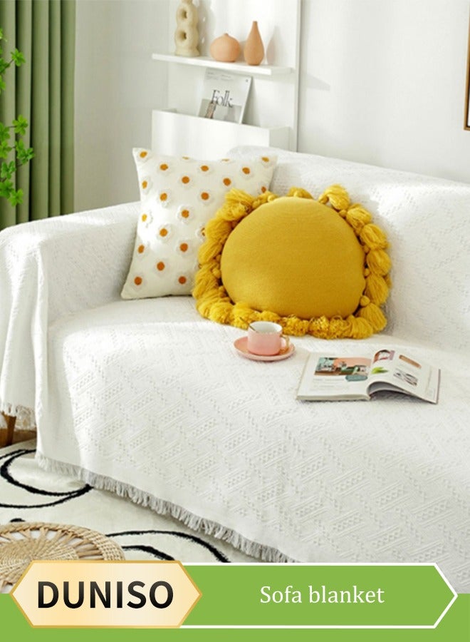 DUNISO Couch Cover，Sofa Towel Sofa Cover Furniture Sofa Cover Towel Four Seasons Chenille Double Sided Sofa Towel Sofa Cover Knitted Tassel Decor Woven Sofa Blanket （white 130*180CM） - Image 1