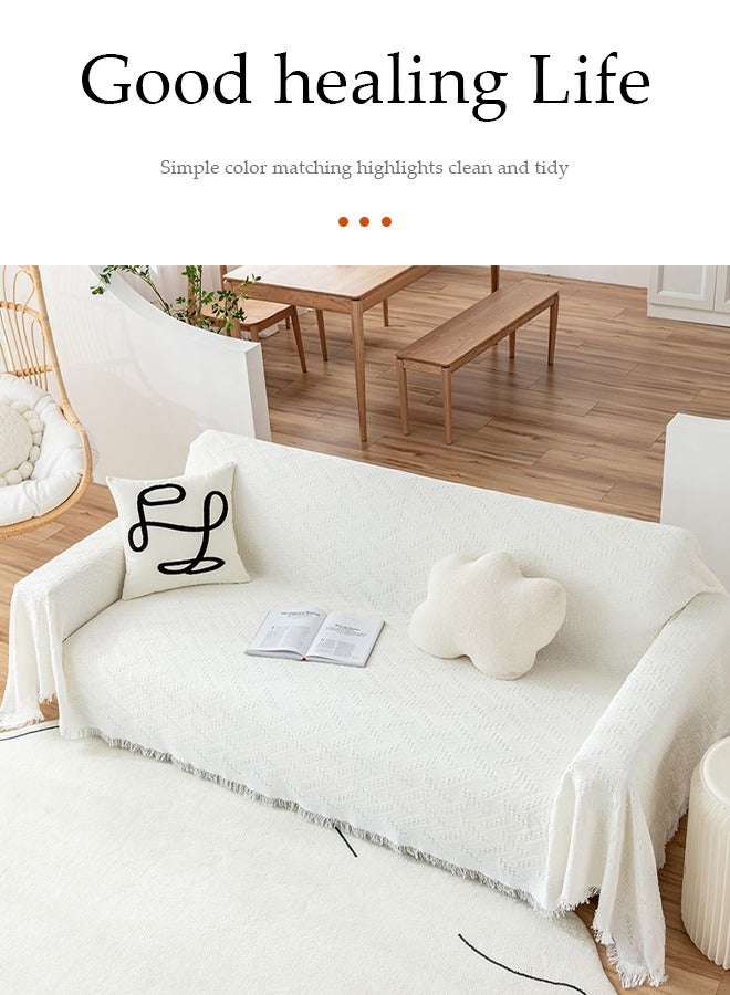 DUNISO Couch Cover，Sofa Towel Sofa Cover Furniture Sofa Cover Towel Four Seasons Chenille Double Sided Sofa Towel Sofa Cover Knitted Tassel Decor Woven Sofa Blanket （white 130*180CM） - Image 3