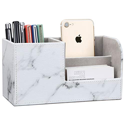 KINGFOM Desk Organizer Office Supplies Caddy Pu Leather Multifunction Storage Box PenPencilCell phone Business Name Cards Remote Control Holder Gray Marble - Image 3
