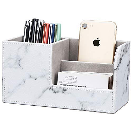 KINGFOM Desk Organizer Office Supplies Caddy Pu Leather Multifunction Storage Box PenPencilCell phone Business Name Cards Remote Control Holder Gray Marble - Image 1