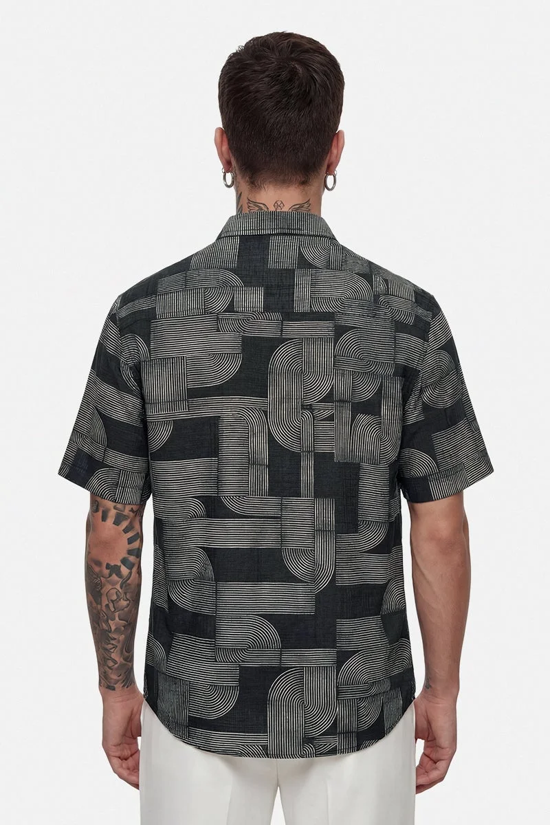 سنيتش Dark Grey Geometric Half Sleeve Boxy Casual Shirt