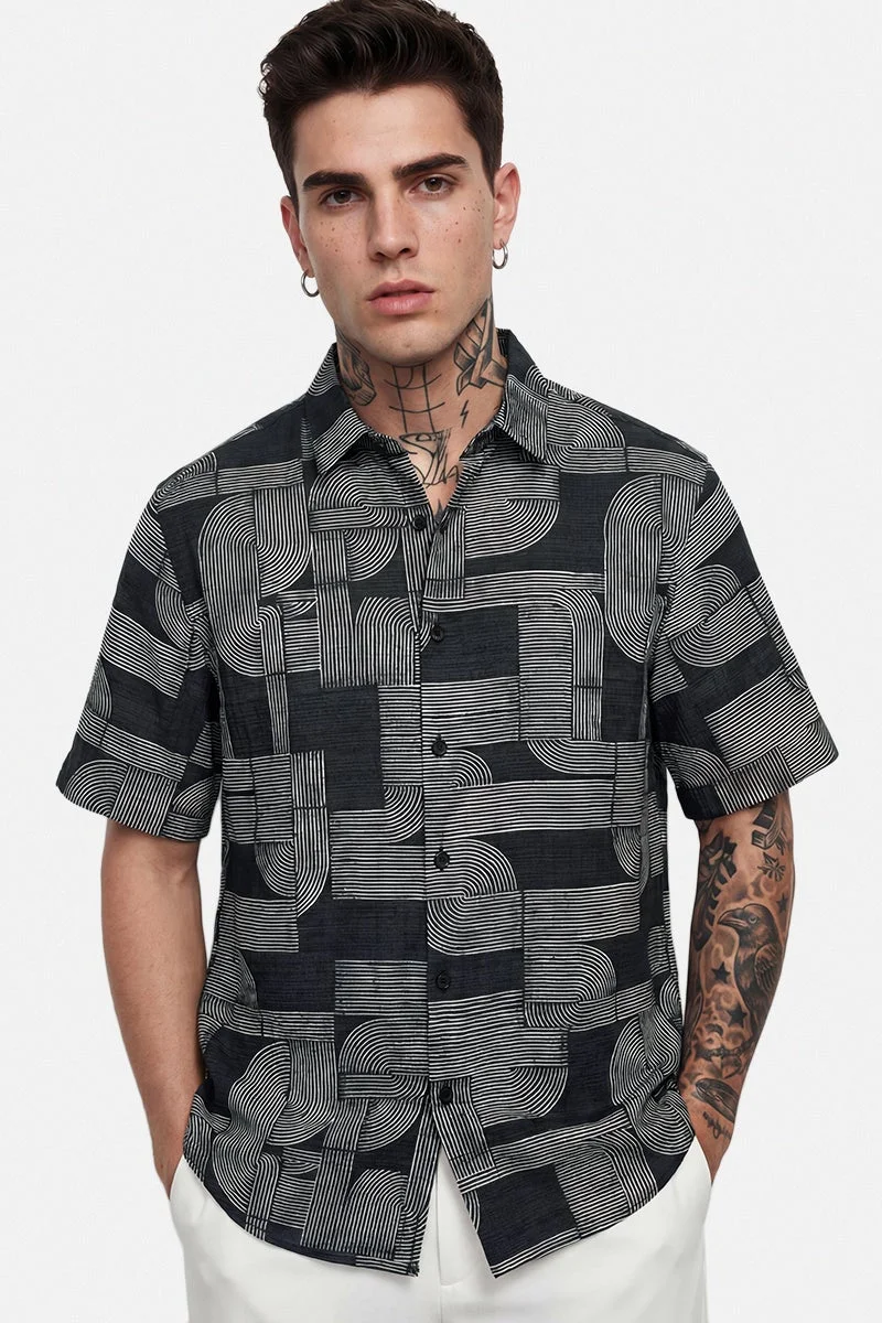 سنيتش Dark Grey Geometric Half Sleeve Boxy Casual Shirt