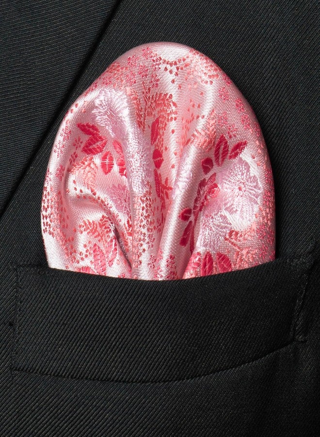 JEMYGINS Silk Pink Floral Tie Necktie and Pocket Square, Hankerchief and Tie Bar Clip Sets for Men(36) - Image 3