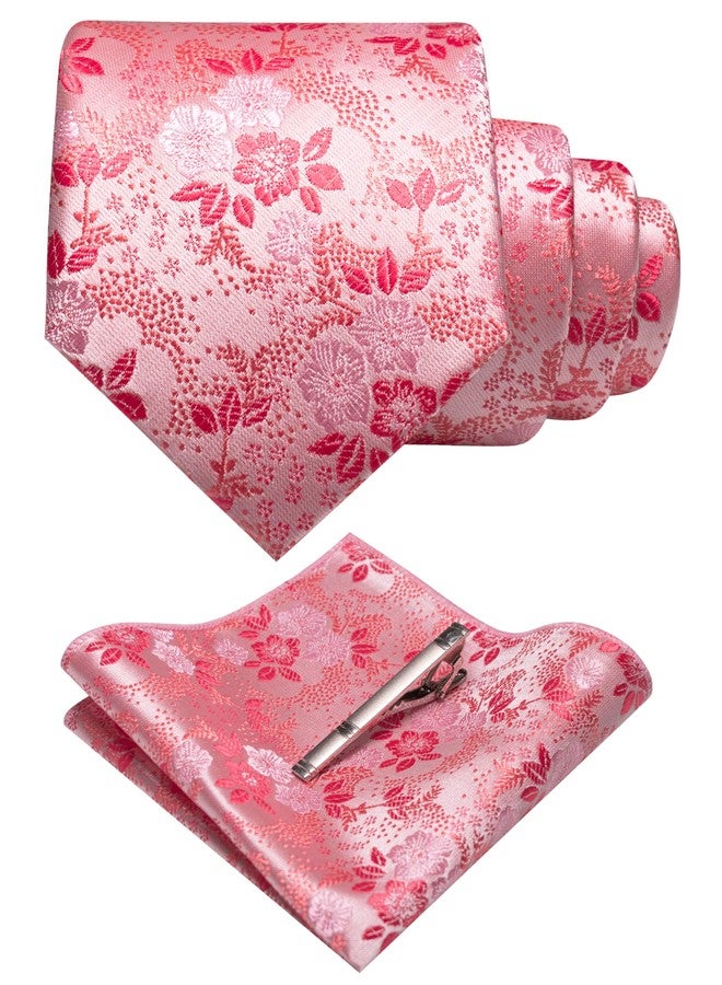 JEMYGINS Silk Pink Floral Tie Necktie and Pocket Square, Hankerchief and Tie Bar Clip Sets for Men(36) - Image 1