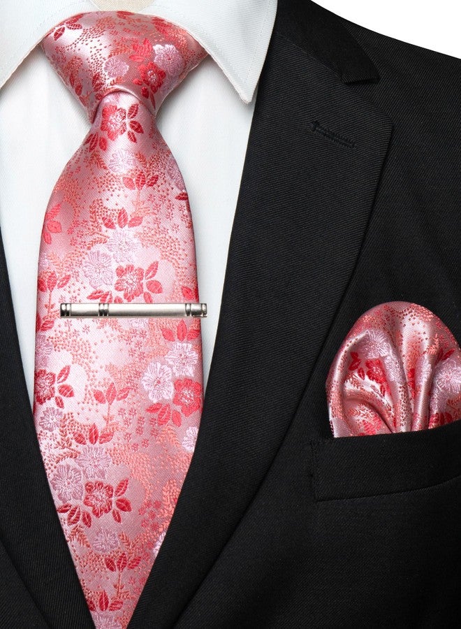 JEMYGINS Silk Pink Floral Tie Necktie and Pocket Square, Hankerchief and Tie Bar Clip Sets for Men(36) - Image 2