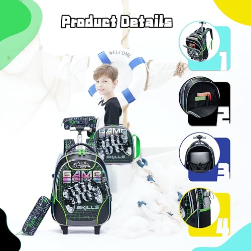 Meetbelify Rolling Backpack with Wheels for Boys Rolling Backpacks with Lunch Box for Elementary School Students Kids 3 in 1 Travel Luggage Carry on Suitcase for Boys Age 8-10 - Image 4