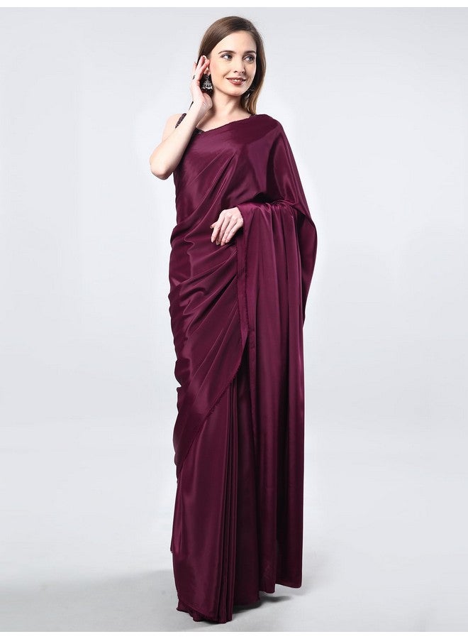 SHRI SHYAM CREATION SHRI SHYAM CREATION Women's Bollywood Style Plain Satin Saree with Unstitched Fancy Blouse Piece - Elegance for Every Occasion (Wine) - Image 5