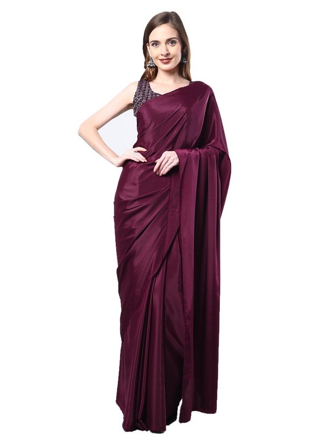 SHRI SHYAM CREATION SHRI SHYAM CREATION Women's Bollywood Style Plain Satin Saree with Unstitched Fancy Blouse Piece - Elegance for Every Occasion (Wine) - Image 1