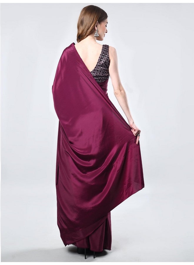 SHRI SHYAM CREATION SHRI SHYAM CREATION Women's Bollywood Style Plain Satin Saree with Unstitched Fancy Blouse Piece - Elegance for Every Occasion (Wine) - Image 2