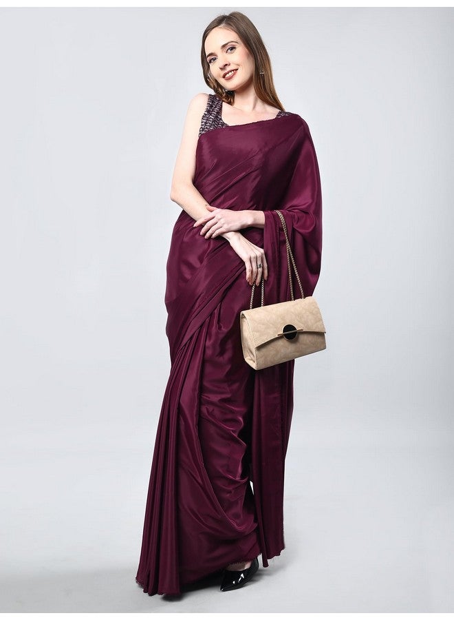 SHRI SHYAM CREATION SHRI SHYAM CREATION Women's Bollywood Style Plain Satin Saree with Unstitched Fancy Blouse Piece - Elegance for Every Occasion (Wine) - Image 3