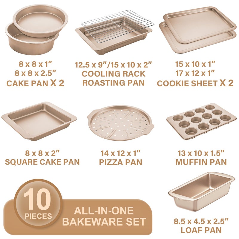 HONGBAKE Bakeware Sets, Baking Pans Set, Nonstick Oven Pan for Kitchen with Wider Grips, 10-Piece Including Rack, Cookie Sheet, Cake Pans, Loaf Pan, Muffin Pan, Pizza Pan - Champagne Gold - Image 3