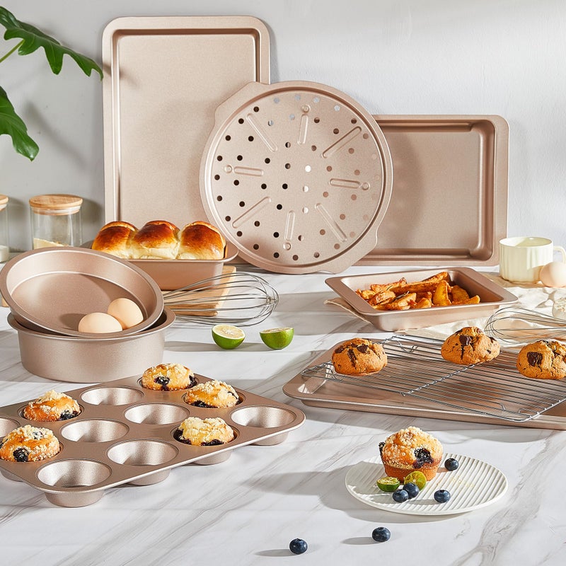 HONGBAKE Bakeware Sets, Baking Pans Set, Nonstick Oven Pan for Kitchen with Wider Grips, 10-Piece Including Rack, Cookie Sheet, Cake Pans, Loaf Pan, Muffin Pan, Pizza Pan - Champagne Gold - Image 2