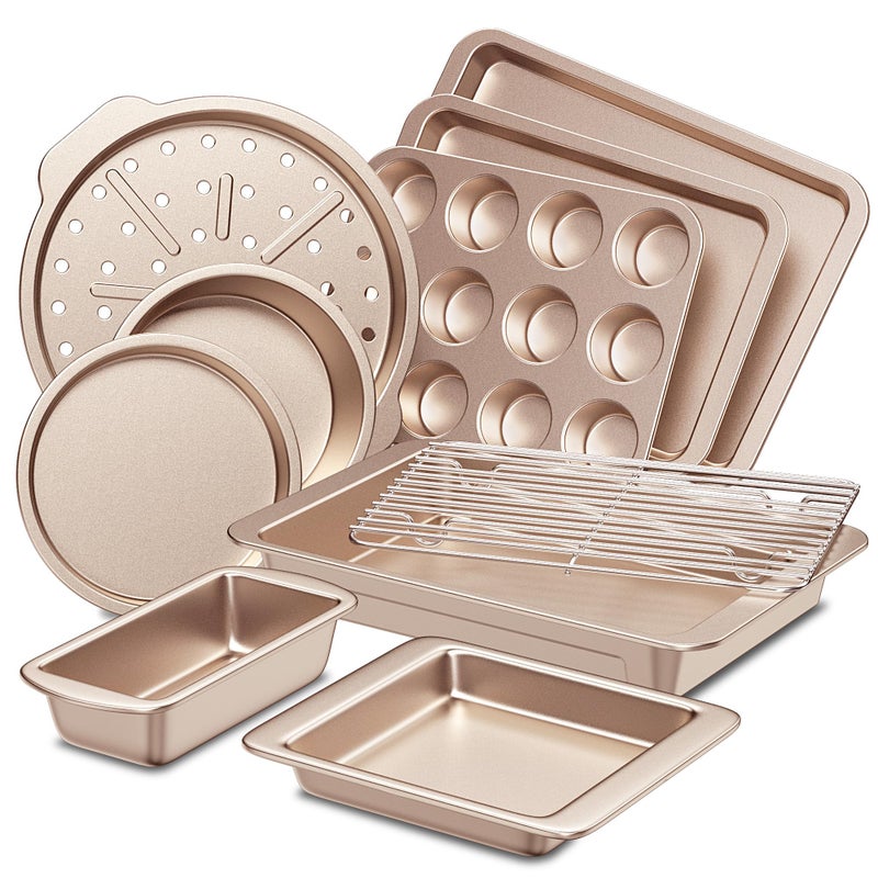 HONGBAKE Bakeware Sets, Baking Pans Set, Nonstick Oven Pan for Kitchen with Wider Grips, 10-Piece Including Rack, Cookie Sheet, Cake Pans, Loaf Pan, Muffin Pan, Pizza Pan - Champagne Gold - Image 1