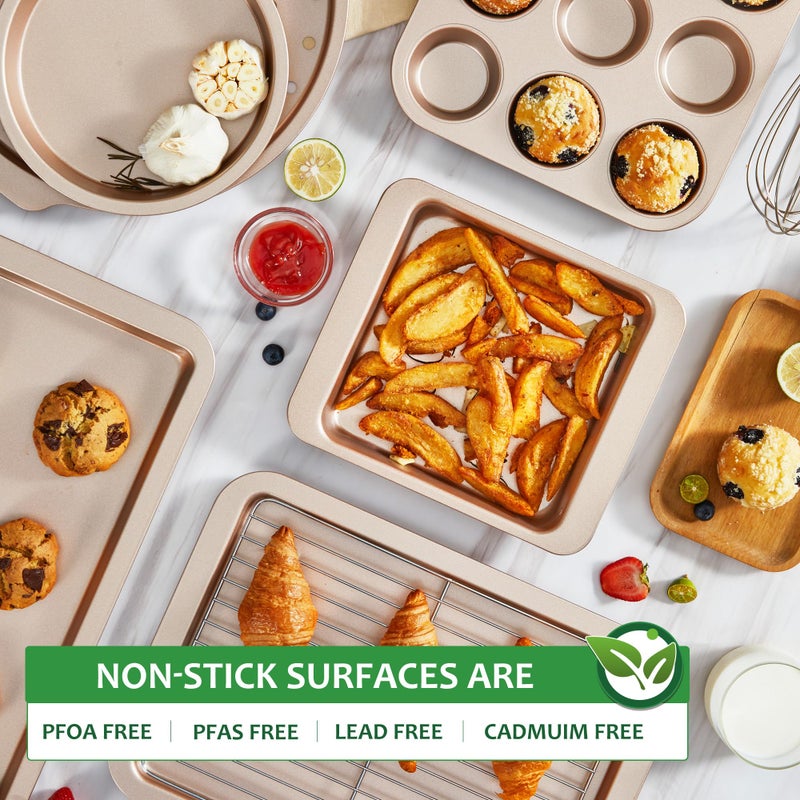 HONGBAKE Bakeware Sets, Baking Pans Set, Nonstick Oven Pan for Kitchen with Wider Grips, 10-Piece Including Rack, Cookie Sheet, Cake Pans, Loaf Pan, Muffin Pan, Pizza Pan - Champagne Gold - Image 5