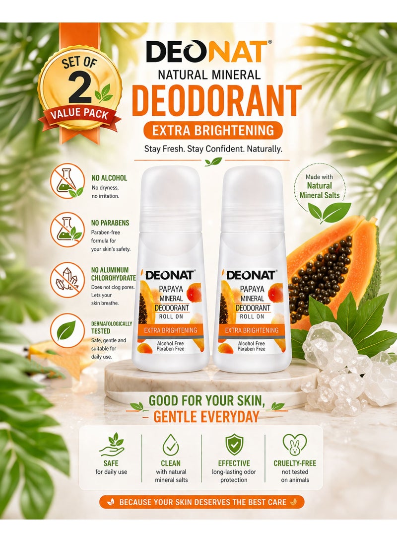 DEONAT Papaya Mineral Deodorant Roll On Extra Brightening with Papaya Extract Glutathione Underarm Whitening Lightening Anti Dark Underarms Odor Protection Natural Mineral Deodorant Roll On for Men and Women Long Lasting Freshness Daily Use Gentle Skin Care 65 ml Pack of 2 - Image 1