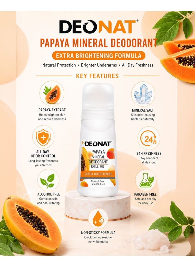 DEONAT Papaya Mineral Deodorant Roll On Extra Brightening with Papaya Extract Glutathione Underarm Whitening Lightening Anti Dark Underarms Odor Protection Natural Mineral Deodorant Roll On for Men and Women Long Lasting Freshness Daily Use Gentle Skin Care 65 ml Pack of 2 - Image 2