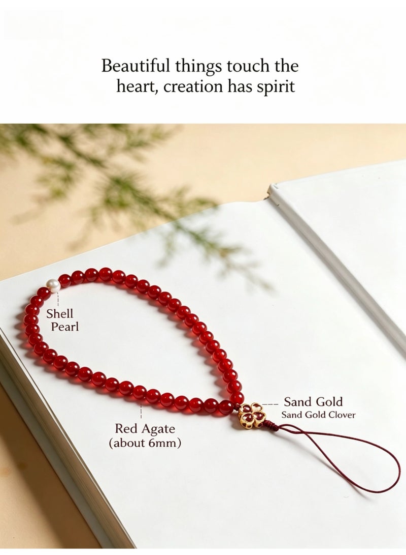 Natural Red Agate Beaded Phone Wrist Strap, Four-Leaf Clover Decor Anti-Lost Hand Lanyard, Elegant Pearl Accent Cell Phone Chain for Women, Universal Phone Case Wristlet Bracelet - Image 4