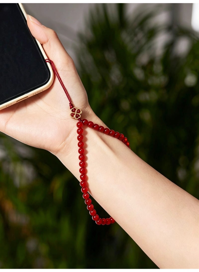 Natural Red Agate Beaded Phone Wrist Strap, Four-Leaf Clover Decor Anti-Lost Hand Lanyard, Elegant Pearl Accent Cell Phone Chain for Women, Universal Phone Case Wristlet Bracelet - Image 1