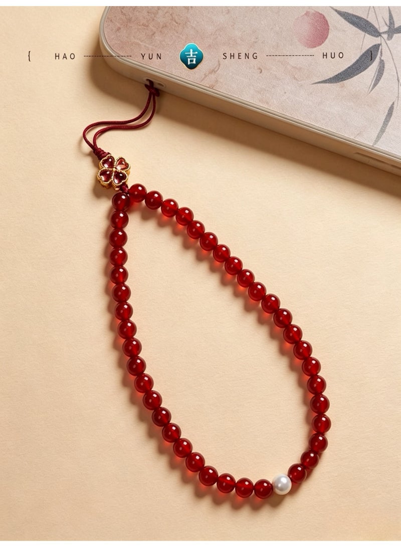 Natural Red Agate Beaded Phone Wrist Strap, Four-Leaf Clover Decor Anti-Lost Hand Lanyard, Elegant Pearl Accent Cell Phone Chain for Women, Universal Phone Case Wristlet Bracelet - Image 5