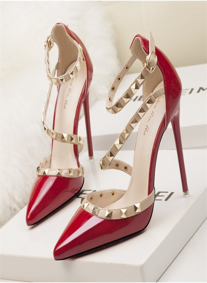Eloshman - Minimalist shallow mouthed pointed rivet hollowed out one line high heels Red - Image 1