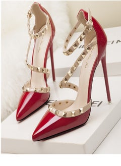 Eloshman Minimalist shallow mouthed pointed rivet hollowed out one line high heels Red  - Image 3
