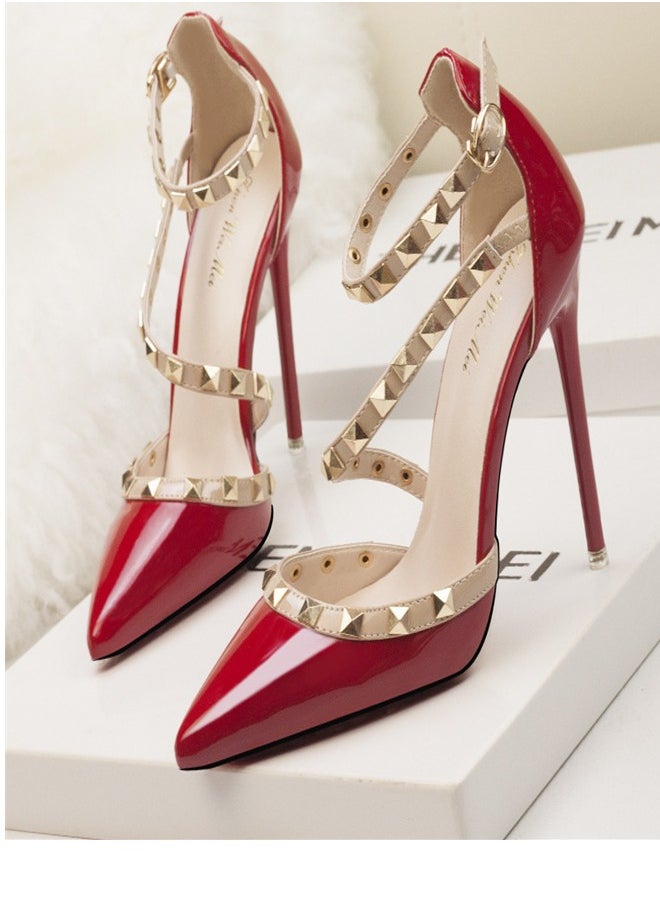 Eloshman - Minimalist shallow mouthed pointed rivet hollowed out one line high heels Red - Image 1
