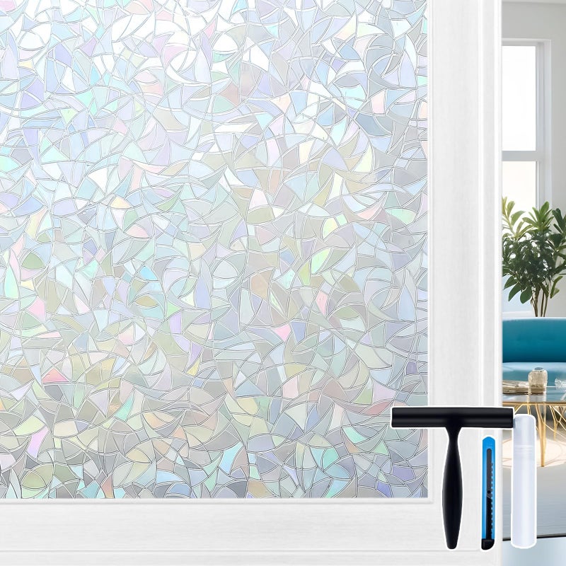 Volcanics Rainbow Window Privacy Film with Installation Tools, Decorative Stained Glass Window Film, Static Cling Heat Control Window Tinting Film Stickers, Grayish Silver, 17.5 x 78.7 inches - Image 1