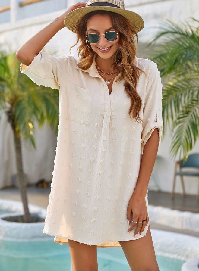 Blooming Jelly Womens Swimsuit Coverups White Chiffon Bikini Swimwear Beach Cover Up Dress Shirt, Beige, M - Image 2