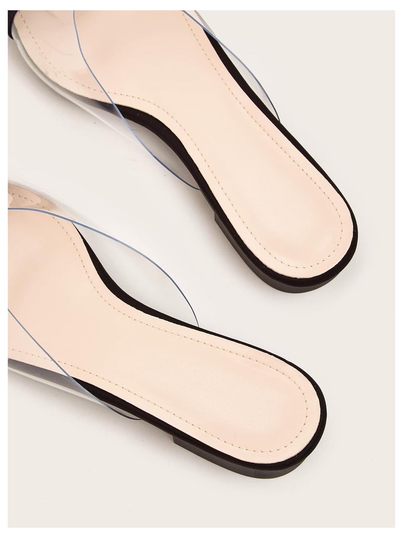 OYOANGLE Women's Metallic Transparent PVC Pointed Toe Flat Shoes Slip On Casual Outdoor Flat Mules Black 8 - Image 4
