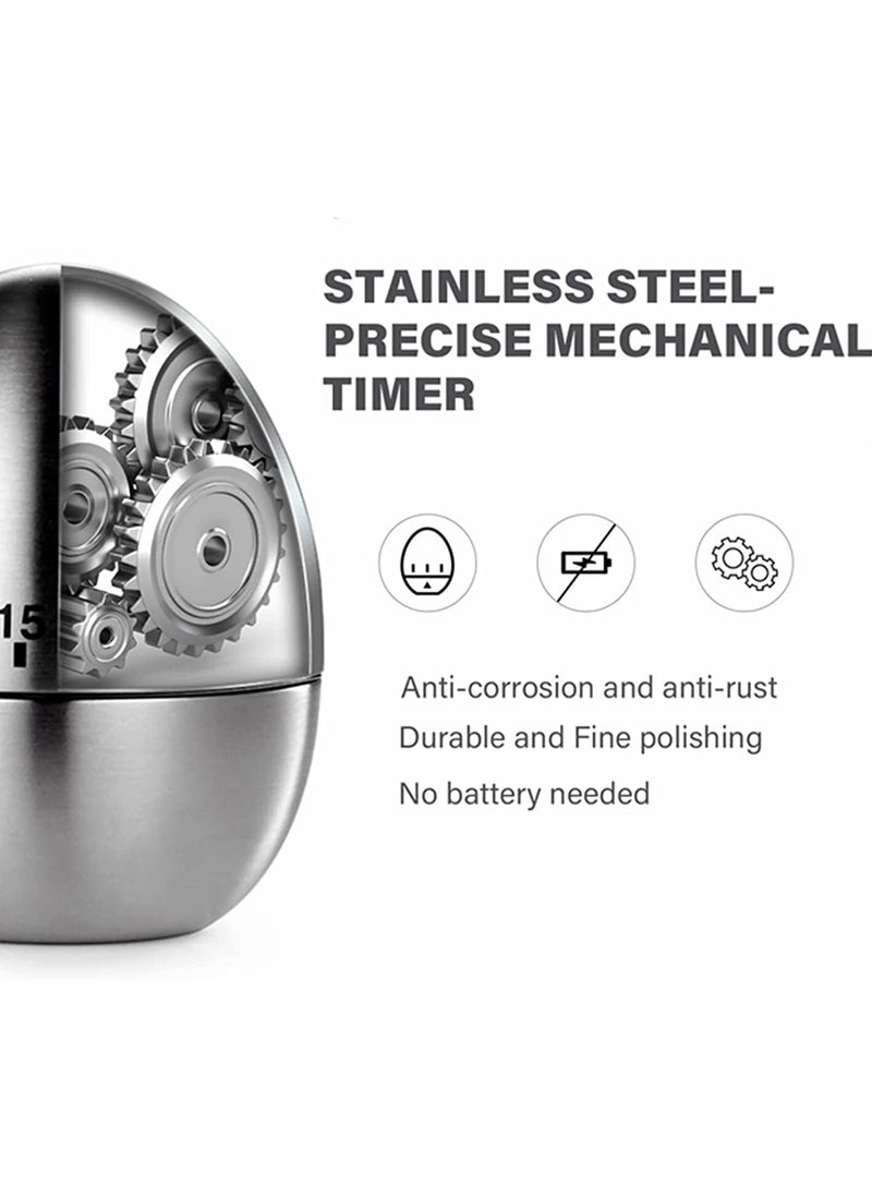 Ovuro New Mechanical Egg Shape Kitchen Timer Stainless Steel Machinery Count Down Reminder Alarm Clock with 60 Minutes for Cooking 1 PC Silver Egg Shape