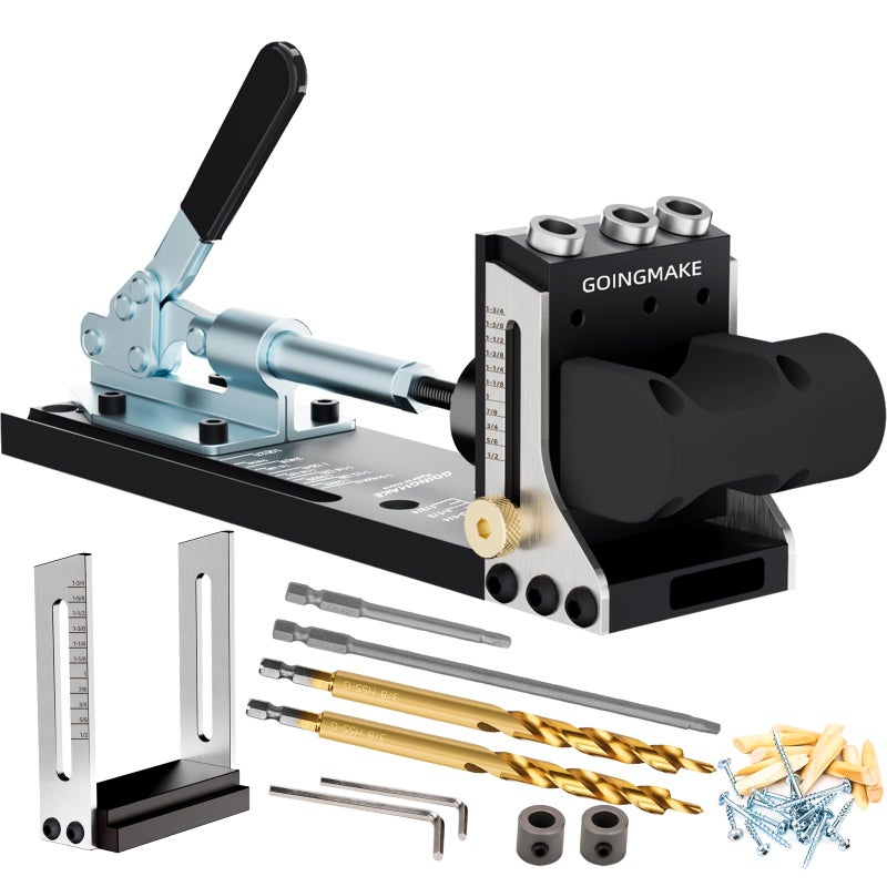 GOINGMAKE All Metal Pocket Hole Jig Kit with Quick Clamp and Dust Collection Easy Use 3 Holes Pocket Hole Screw Jig System 3/8 Inch Accurate Adjustable Drill Guide with Accessories Woodworking Tool - Image 1