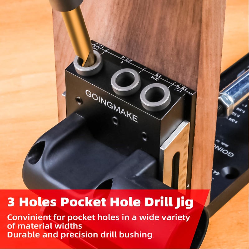GOINGMAKE All Metal Pocket Hole Jig Kit with Quick Clamp and Dust Collection Easy Use 3 Holes Pocket Hole Screw Jig System 3/8 Inch Accurate Adjustable Drill Guide with Accessories Woodworking Tool - Image 3