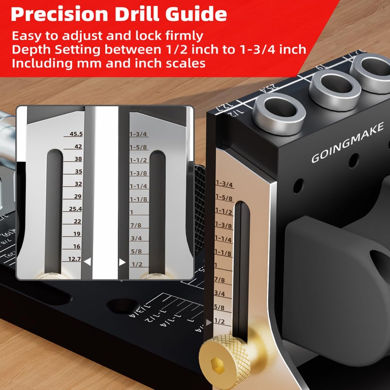 GOINGMAKE All Metal Pocket Hole Jig Kit with Quick Clamp and Dust Collection Easy Use 3 Holes Pocket Hole Screw Jig System 3/8 Inch Accurate Adjustable Drill Guide with Accessories Woodworking Tool - Image 2