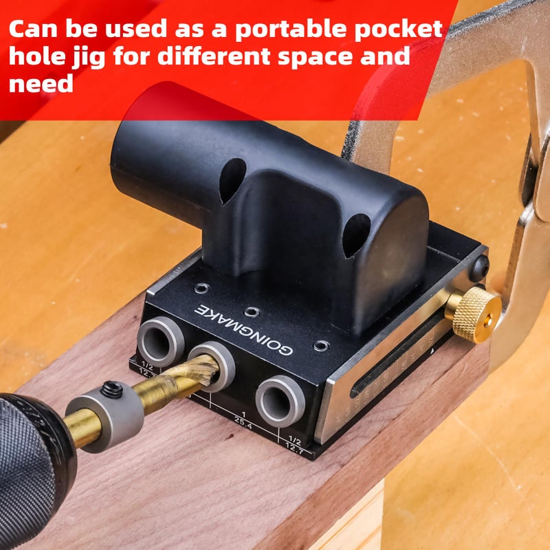 GOINGMAKE All Metal Pocket Hole Jig Kit with Quick Clamp and Dust Collection Easy Use 3 Holes Pocket Hole Screw Jig System 3/8 Inch Accurate Adjustable Drill Guide with Accessories Woodworking Tool - Image 4