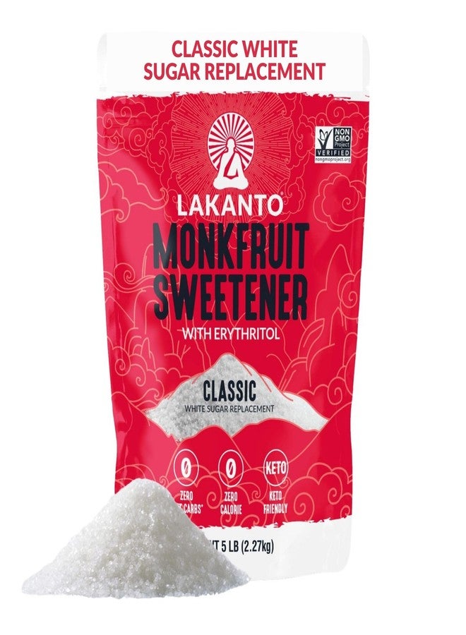 Lakanto Monk Fruit Sweetener With Erythritol, White Sugar Substitute From Monk Fruit Extract, Classic White Sugar Replacement for Baking, Coffee & Tea, Gluten Free, Low Carb, Non GMO, Keto, 5 LB Bag - Image 1