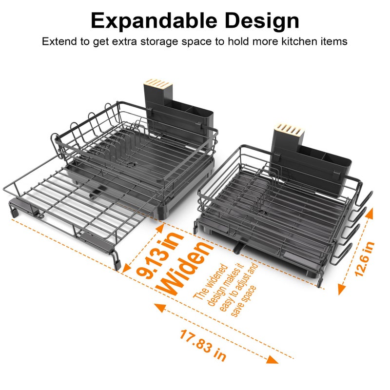 Runnatal Dish Drying Rack - Expandable Dish Rack, Large Drying Dish Drainer Over Sink with Drainboard, Utensil Holder & Cup Holder, Stainless Steel Dish Strainer for Kitchen Counter, Black - Image 5