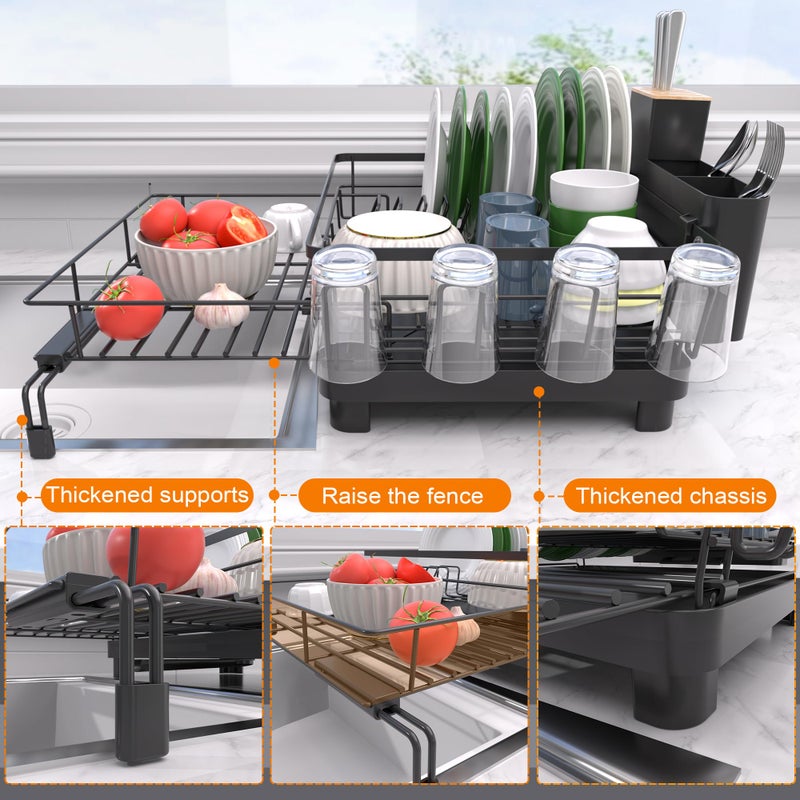 Runnatal Dish Drying Rack - Expandable Dish Rack, Large Drying Dish Drainer Over Sink with Drainboard, Utensil Holder & Cup Holder, Stainless Steel Dish Strainer for Kitchen Counter, Black - Image 4