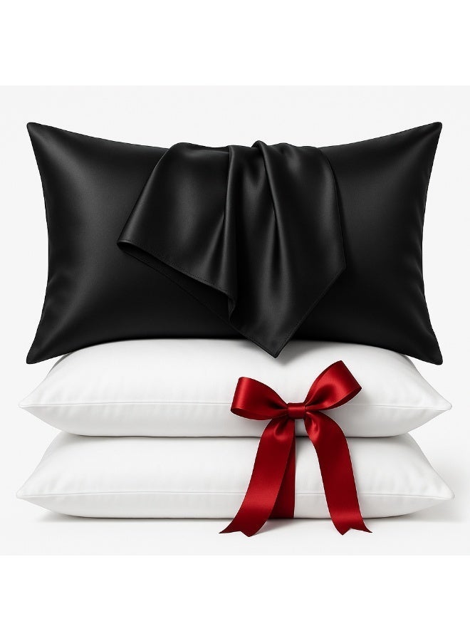 Tiba Buy Two Get Two , 2 Fiber Pillows  loose fiber filling, 800 GM, Medium + 2 Black satin pillowcases - Image 1