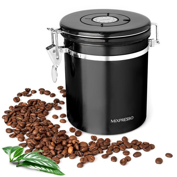 16 OZ BLACK COFFEE CANISTER STAINLESS STEEL AIRTIGHT COFFEE CONTAINER GROUND COFFEE BEAN STORAGE WITH DATE TRACKER VACUUM SEALED ESPRESSO AIRTIGHT CONTAINER COFFEE JAR SUGAR CONTAINER