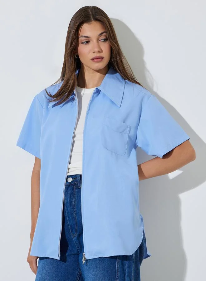 ستايلي Blue Zip-Up Oversized Shirt