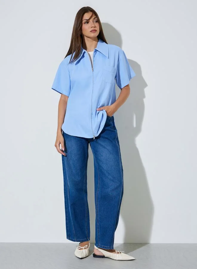 ستايلي Blue Zip-Up Oversized Shirt