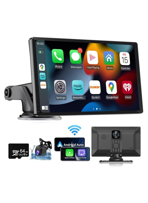 Wireless Apple CarPlay Car Stereo, Portable 9 inch Car Touch Screen Android Auto, 2.5K Dash Cam, 1080p Backup Camera DVR, Drive Navigation with Mirror Link/Siri/FM/Bluetooth