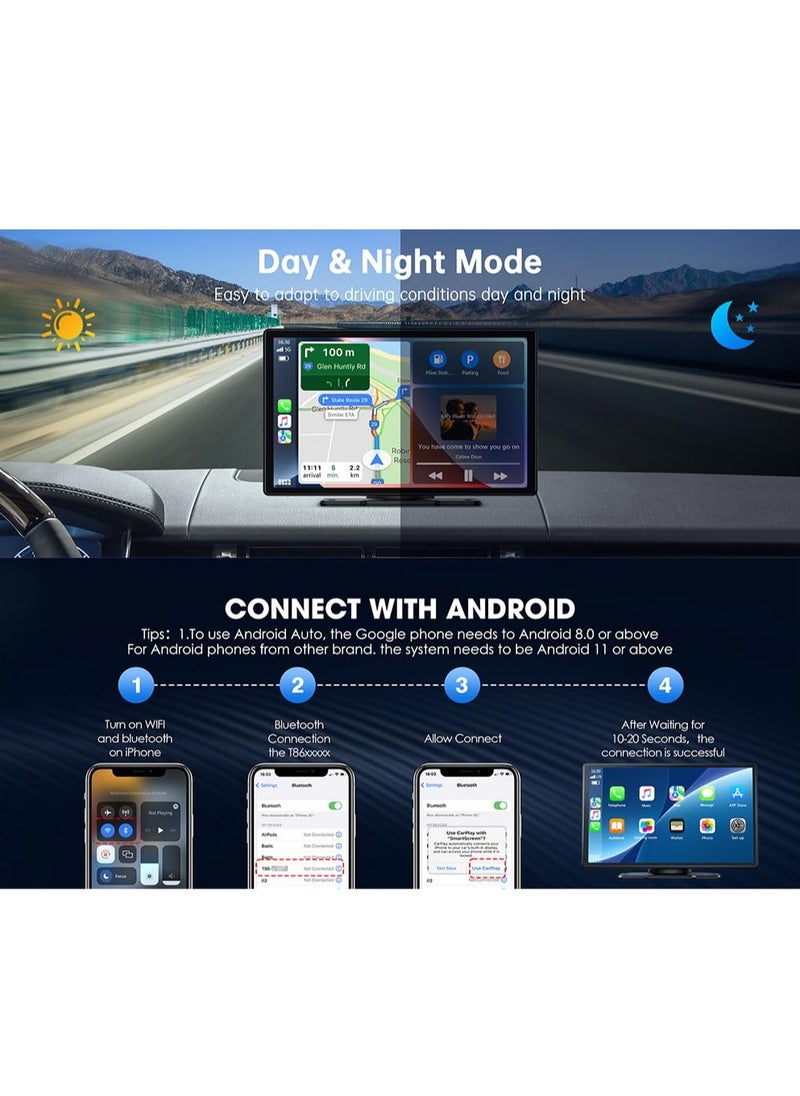 Wireless Apple CarPlay Car Stereo, Portable 9 inch Car Touch Screen Android Auto, 2.5K Dash Cam, 1080p Backup Camera DVR, Drive Navigation with Mirror Link/Siri/FM/Bluetooth