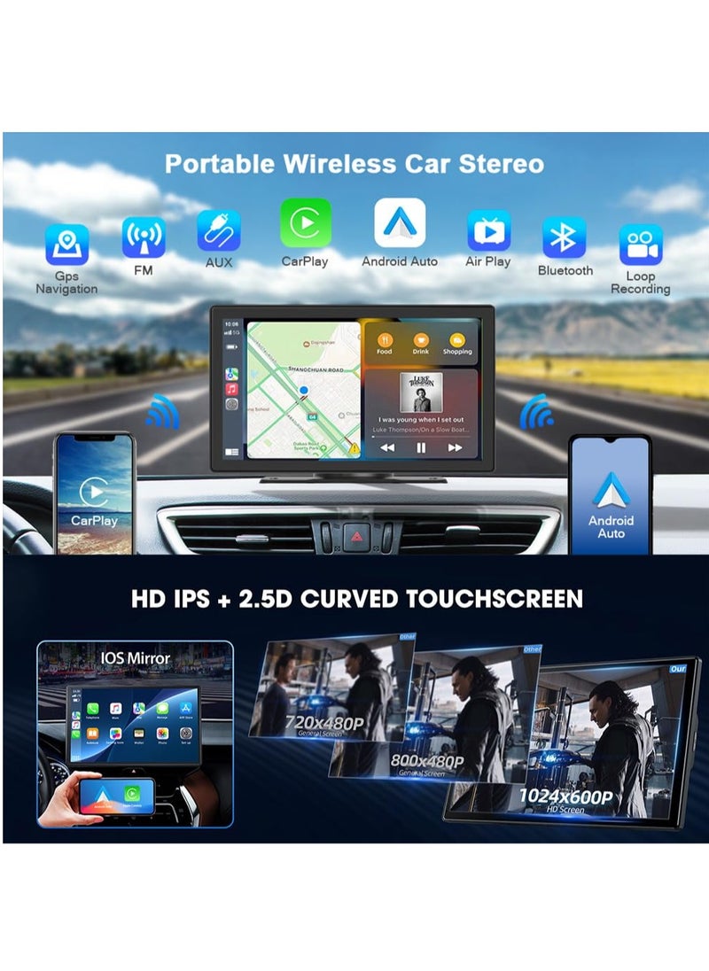 Wireless Apple CarPlay Car Stereo, Portable 9 inch Car Touch Screen Android Auto, 2.5K Dash Cam, 1080p Backup Camera DVR, Drive Navigation with Mirror Link/Siri/FM/Bluetooth